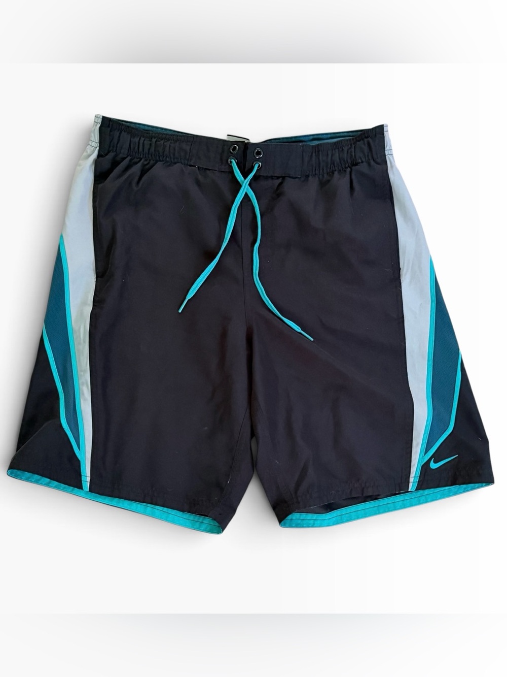 Nike Swim Trunks Mens Small Black & Teal 29-32" Waist Mesh Lined Shorts with Tie